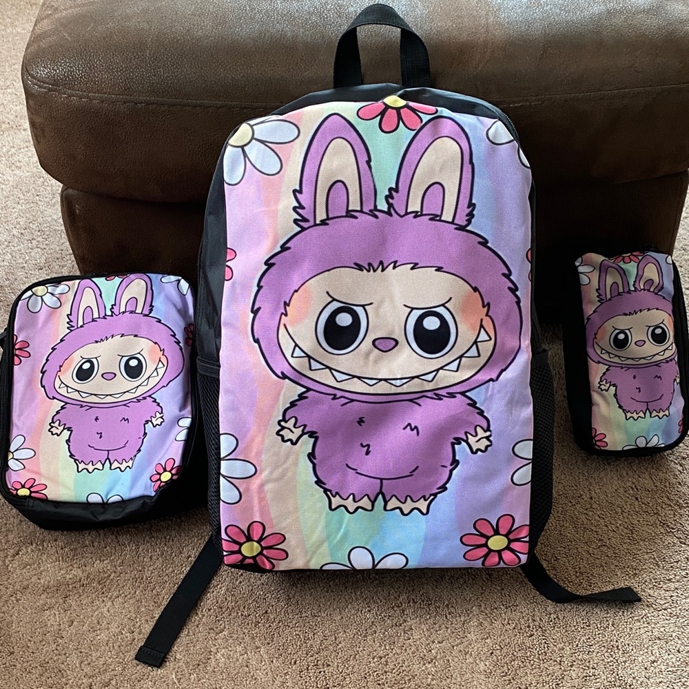 Cute Purple Labubu Kids Backpack Set.